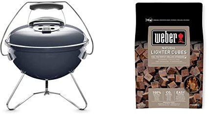 Weber 1126804 Smokey Joe Premium Charcoal BBQ, Grill, Slate Blue 37cm & 17612 Lighter Cube, Mixed, 38x17x5 cm