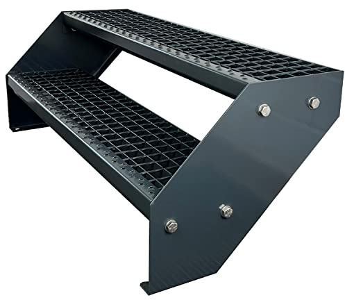 Kaminbau Mierzwa Premium Stahl Treppe Verzinkt & komplett Anthrazit Pulverbeschichtet 2 Stufen (Breite 100 cm) (Höhe 38 cm) Wetterfest Gitterroststufe Gartentreppe