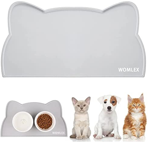 WOMLEX Tapis Gamelle Chien et Chat, Tapis D’Alimentation Imperméable Silicone, 47 x 26 CM Tapis Antiderapant Dessous Gamelles pour Animaux, Joli Tapis de Gamelle en Forme de Tête de Chat (Gris)