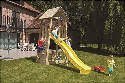 Gartenwelt Riegelsberger Spielturm Belvedere aus naturbelassenem Lärchenholz B135 x T105 x H329 cm Klettergerüst mit Wellenrutsche ANTHRAZIT Sandkasten Bodenanker Leiter und Griffe