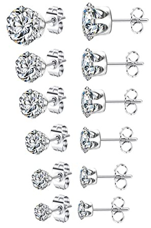 KALVICA 6 Paires Acier Inoxydable Petite Boucles D'oreilles pour Hommes Femmes Ronde en Argent Zirconium Cubique Clous D'oreilles Ensembles Hypoallergénique Cartilage Piercing Boucle D'oreille