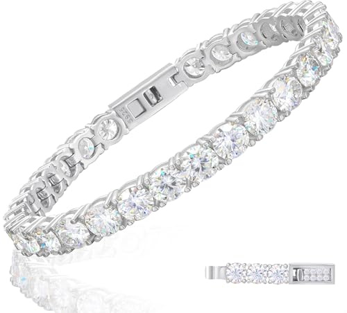 TUHE Moissanite Tennis Bracelet 4.8-21 Carats Lab Created Diamond Bracelets 18k White/Yellow Gold Plated 925 Sterling Silver Bracelet 3mm/4mm/5mm D Color VVS1 Round Cut Moissanite Bracelet for Women