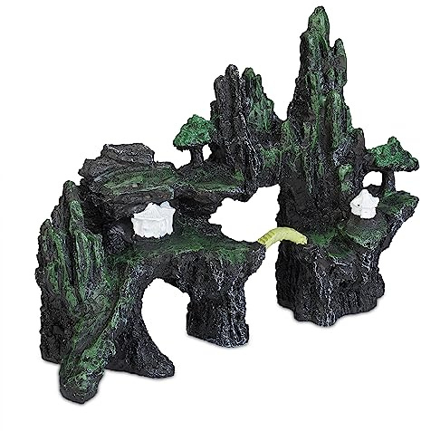 Relaxdays Aquarium Deko, Felsen, Versteck für Fische & Garnelen, HBT: 16,5 x 22 x 8 cm, Aquarium-Felsen, anthrazit/grün