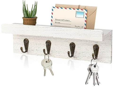 HRONRAD Rustic Key Holder for Wall, Farmhouse Wall Shelf with 4 Hooks, Wall Mounted Key Racks, Wooden Mail Organizer with Hooks for Entryway (White)