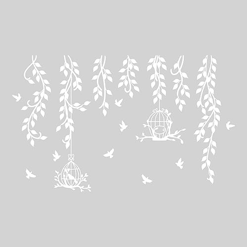 SUPERDANT White Flower Vine Wall Stickers with Branches Birdcage, Removable Wall Decals for Bedroom, Floral Accent Decor for Living Room, Children's Home Interior Decoration