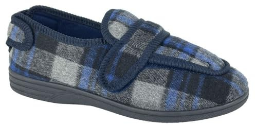 Zedzzz Mens Peter Fully Opening Touch Fasten Wide Fit Slippers with Wide Open Entry Navy Check (E Width)