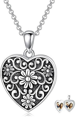 enjoylifecreative Gänseblümchen Foto Medaillon Halskette 925er Sterling Silber Blume Herz Medaillon zum öffnen für Bilder Gänseblümchen Anhänger Kette mit Foto Schmuck Geschenk für Damen