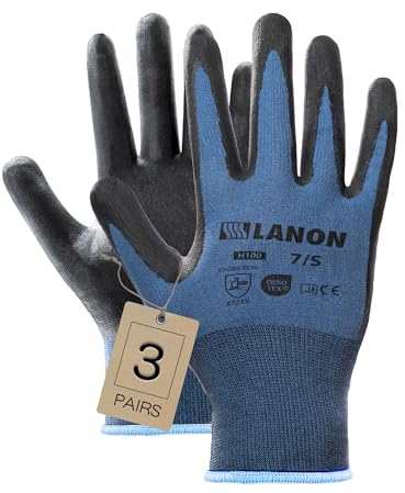 LANON 3 Paia Guanti da Lavoro per Uomo, Rivestito in Nitrile, Traspirante, Resistenti all'Abrasione, Protezione Meccanica e Industriale, Blu, L/9