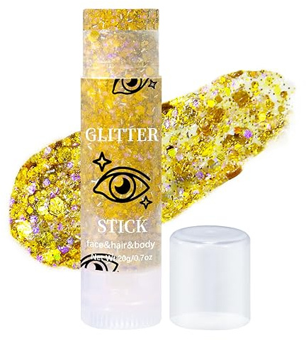 Prreal Body Glitter, Mermaid Face Glitter Stick Makeup Holographic Sequins, Hair Glitters Eyeshadow Body Shimmer for Rave Accessories,Stage Christmas Festival Makeup Glitter(Gold)