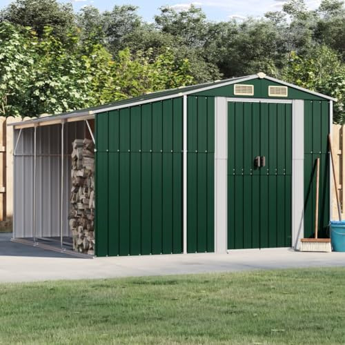 DJEKA Gartenhaus Metall Mit Holzunterstand Schuppen Garten Grün Metall Holzlager Außen Fahrradunterstand Metall Geräteschrank Metall 277 x 279 x 179 cm Verzinkter Stahl