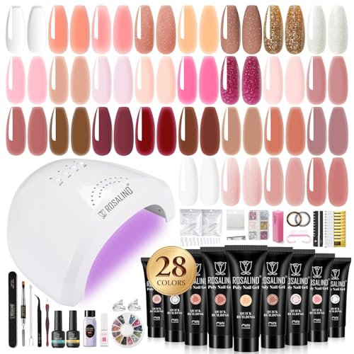 ROSALIND Kit Unghie Gel Completo, 28 Colori Set Gel Ricostruzione Unghie con 48W UV/LED Lampada, poligel per Unghie con Base y Top Coat, Nail Art Estensione delle Unghie Kit, Strumenti per Unghie