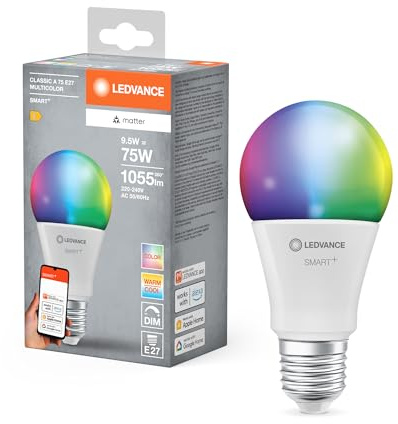LEDVANCE SMART+ Matter LED lampe, compatible avec Google, Alexa, Apple, White Frost Optics, 9.5W, 1055LM, E27, Couleur Lumière, Lumière blanche, avec Vocal Control, jusqu'à 20 000 HRs de vie, 1-Pack
