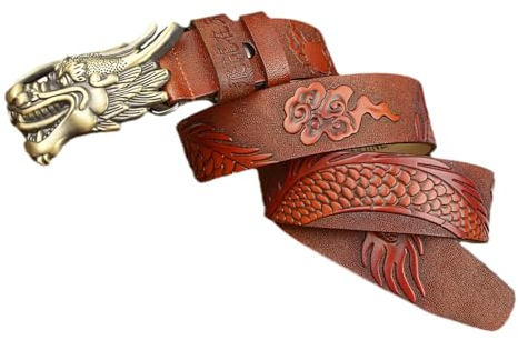 MYIESAXL Ledergürtel Dragon verstellbare Öse Vintage gravierter Freizeitgürtel für Jeans（Orange, 115cm/waist:39）