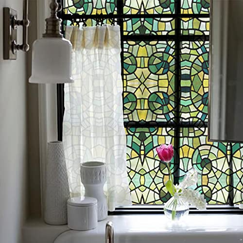 Neukids Stain Glass Window Film Self Adhesive Double Sided Green Mosaic | Window Film Pattern Bedroom Living Room Kitchen Bathroom Offices Gass Decoration 30x300cm