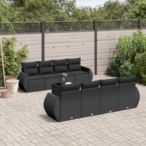 Rantry 9-TLG. Garten Sofagarnitur mit Kissen Gartensofa mit Stauraum Gartenlounge Loungesofa Balkonmöbel Gartenmöbel Rattansofa Sitzgruppe mit Gartentisch Ecksofa Gartenset Schwarz Poly Rattan