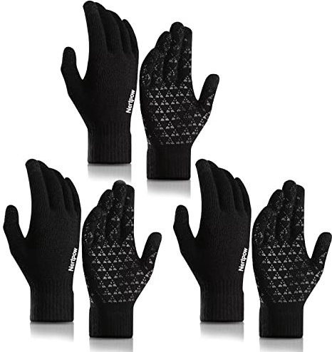 Nertpow Handschuhe Herren Winter Touchscreen 3 Pack, Thermo Handschuhe Herren Damen Warme Rutschfest Stricken mit Fleece Gefüttert Geschenke für Familie(Schwarz&Schwarz&Schwarz-M)
