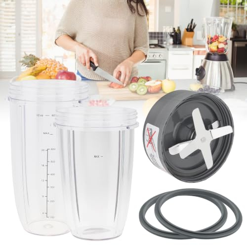 Vasos de licuadora y piezas de repuesto para cuchilla, Nutri Bullet de 32 onzas y 24 onzas y cuchilla extractora vienen con 2 juntas de goma, apto para sistema de licuadora/mezclador de alta velocidad