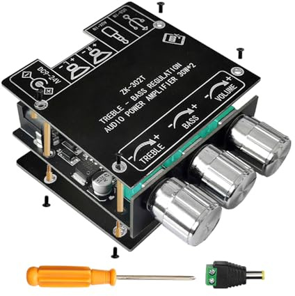 FONGKNOX Bluetooth Digital Audio Power Amplifier Board Module 2.0 Stereo Dual Channel 30W+30W with Bass and Treble Adjustment with USB BT AUX Input DC 9-24V 5.5x2.1 DC Socket DIY Audio ZK-302T
