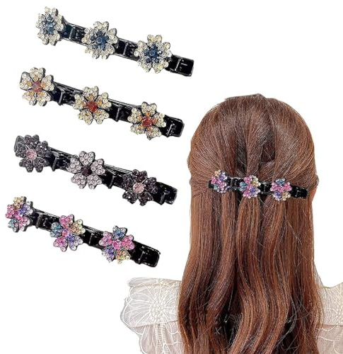 Fc'Noqgn Kolibri-Haarspange mit Kristallblume, Sparkling Crystal Stone Braided Hair Clips，4er-Pack, geflochtene Haarspange mit Strasssteinen, Entenschnabel-Haarspangen, doppellagige Haarspange