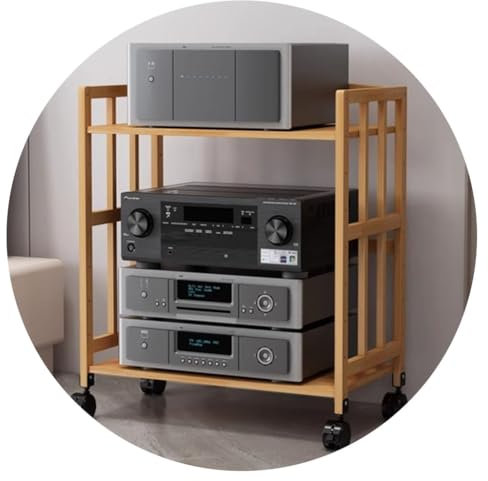 2-lagiges HiFi-Audiogehäuse Bambus-Audiogehäuse Streaming-Gerätegehäuse Audio-Rack Mit Stoßdämpfer HiFi-Rack AV-Regal Mit Rolle Audio-Video-Komponenten(Wood Color,80 * 38 * 77cm(2Tier))