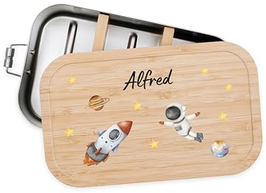 Bärenfreunde® - Personalisierte Brotdose für Kinder mit Spezial-Druck - Robuste Edelstahl Brotdose - Personalisierte Geschenke für Kinder & Erwachsene (Astronaut Weltall,klein Edelstahl)