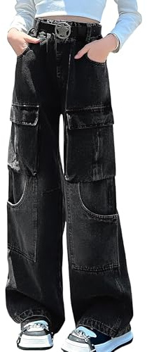 SEAUR Jeans flicka säckig cargobyxor multiväskor cargobyxor Y2K hip hop streetwear fritid barn jeans elastisk linning – 120–170 = (EU 110–164), Svart (utan bälte), 152-158