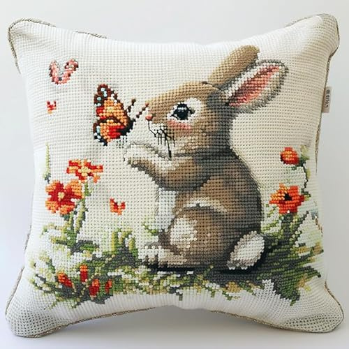 WallustrioaW lapin mignon Kit de Coussin à Broder au Point de Croix,fleurs,Kit de broderie au point de croix estampillé,DIY Kit de Coussin à Broder 45x45cm