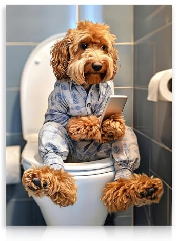 Dazzlewall Lustige Tier-Badezimmer-Wandkunst, Hund spielt mit dem Telefon auf der Toilette Leinwandgemälde für Toiletten-Badezimmer 12x16 Zoll ungerahmt