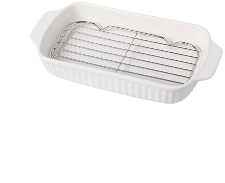 ruyi-1986 Baking Dish Household Ceramic Grill Pan with Oil Draining Net Double Ear Baking High Value Baked Rice Pan Can Be Oven Steam Pan Lasagne Dish(White)