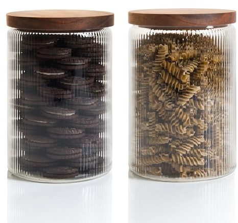 Mason & Fable räfflad glasburk med trälock 2,07 l – Set om 2 | Lufttät räfflad förvaringsbehållare för kakor, pasta, kaffe, hundgodis, mellanmål | Organisationsbehållare för hem och kök