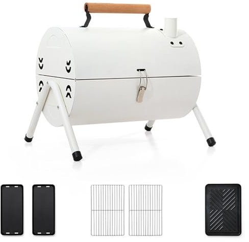 Barbecue portatile 2 in 1 da tavolo, con prese d'aria laterali e maniglia per il trasporto in legno, pieghevole a carbone, barbecue a carbonella per giardino, campeggio, cucina all'aperto (bianco)