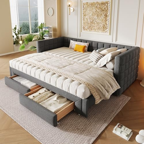 NovaFurnish Daybett, Tagesbett, 90x200cm, Sofabett mit quadratischer Rückenlehne, ausziehbares Bett (ausziehbar auf 180 Queensize), 2 Schubladen, ohne Matratze (Grau)