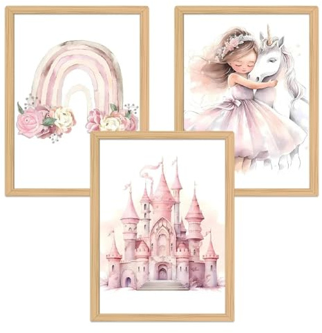 Zamety Bilder barnrum dekoration, barnrum dekoration flicka prinsessa enhörning slott och regnbåge, rosa 3-delat set affisch 30 x 40, bilder rosa för små flickor, utan ram