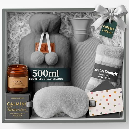 Hot Water Bottle Gift Set - Christmas Presents for Women, Includes Grey 0.5L Hot Water Bottle with Fluffy Socks, Scented Candle and Sleep Mask - Gifts for Women