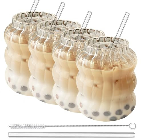 LEKEFETO Lot de 4 verres en verre de 650 ml avec motif ondulé : Verres à eau en verre transparent pour café glacé, avec 4 pailles et 4 brosses à paille, tasses à café, verres pour long drink, verres à