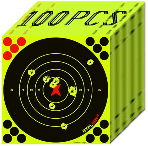 ATFLBOX 8 Inch Splatter Adhesive Bullseye Fluorescent Yellow Shooting Target Stickers, Shooting Outdoor and Indoor Ranges, Rective For Handguns, Rifle, Pistol, Pellet Guns, Airsoft, BB Guns (100 PACK)