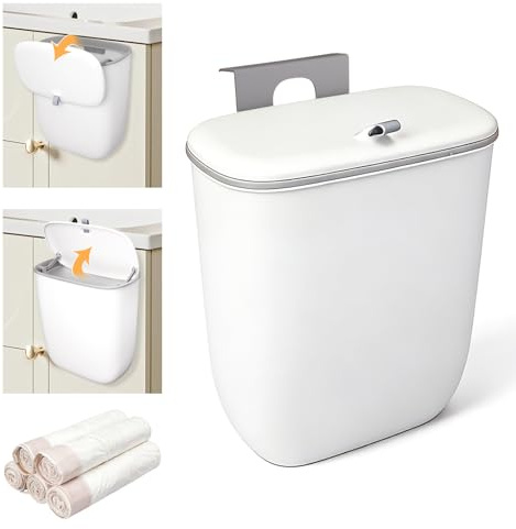 SICANAUO hängende Mülleimer mit Deckel, 12 L / 3.2gallon Küchenbin, Wandkompost-Bin mit 5 Rollen Müllsäcke, Lebensmittelabfall Caddy Mülleimer für Unter Spülebecken,Küchenschrank,Badezimmer,Schranktür