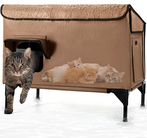 Großes Katzenhaus Outdoor Winterfest Isoliert, Erhöhtes Katzenhaus für Draußen mit Schrägdach und Fluchttür für Verwilderte Freigängerkatzen, Streunerkatzen vom Bauernhof (Braun)