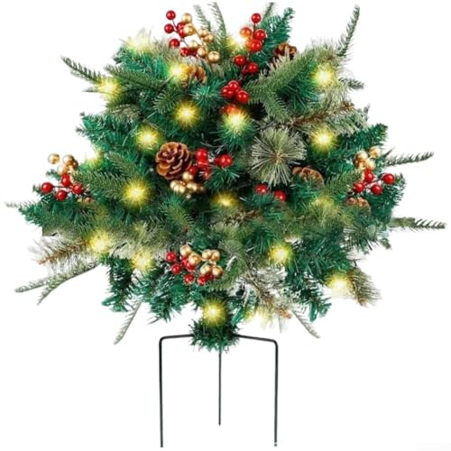 Arbustos iluminados LED de Navidad para exteriores con estructura de metal resistente, decoración de césped preiluminada con luces blancas cálidas integradas para exhibiciones festivas de patio (1