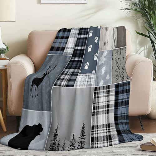 Grigio Coperta in Pile di Flanella 150 x 200 cm - Stampe patchwork animali plaid Morbida e Accogliente, Plaid Stampato per Divano Letto o Viaggio