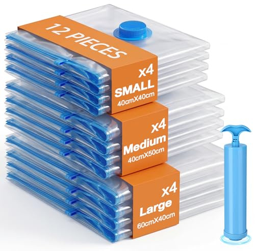 ITClosud Juego de 12 Bolsas de Vacío para Ropa con Bomba Manual Bolsas Ropa al Vacío Envasadora al Sacos Vacuo Ideal para Almacenamiento y Organización del Hogar