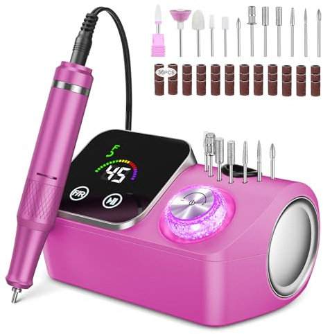 Torno para Uñas,Torno para Uñas Profesional 45000 RPM,con 12 Cabezales de Pulido, Pantalla táctil LCD,Perilla de cristal,Lima portátil para uñas acrílicas y de gel (Rosa roja)