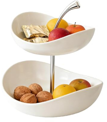 Cuenco de frutas de 2 niveles de cerámica multicapa para servir, soporte de frutas desmontable, soporte de frutas para encimera de cocina, cesta de alimentos de plástico para cocina, fiesta