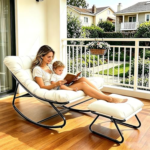 LIJYITF Gungstol med pall, gungstol, gungstol, vardagsrumsstol, relaxstol, lässtol med stoppning, utomhus, lounge stol, upp till 150 kg, för balkong och trädgård (vit, 100D x 77B x 70H cm)