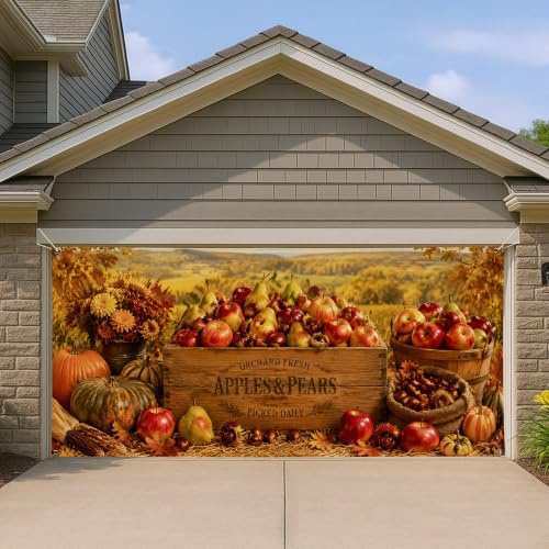 Copertura per porta del garage con mele, raccolta rustica, pere, zucche, autunnale, arancione, decorazione per la casa, per cortile, giardino, feste interne e esterne, 400 x 180 cm