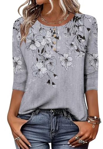 Zeagoo T-shirt för damer, med 3/4-ärm, tröja med rund hals, basic topp, Henly till sommaren, ledig, lätt och lång, storlek S–XXL