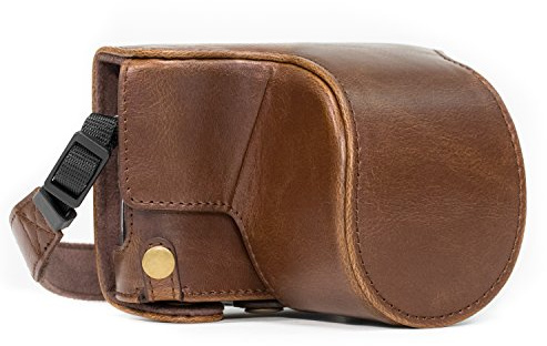 MegaGear Panasonic Lumix DC-GX850, DC-GF9 12-32mm Objektiv, DC-GX800, DMC-GF8, DMC-GF7 Ever Ready Leder Kamera-Case mit Trageriemen und Batteriezugang Dunkelbraun MG1141