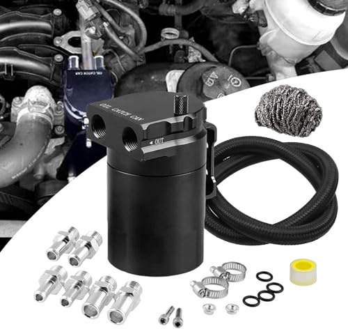 RULLINE Universal 350ml Oil Catch Can Tank 0046 Aluminum Polish Baffled Reservoir Black Upgraded Braided Hose