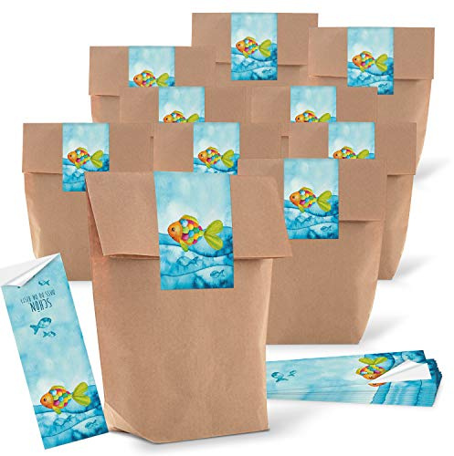 Logbuch-Verlag 25 kleine Papiertüten 14 x 22 x 5,5 cm Verpackung mit Sticker Fisch SCHÖN DASS DU DA BIST give-away Kinder Taufe Mitgebsel martim
