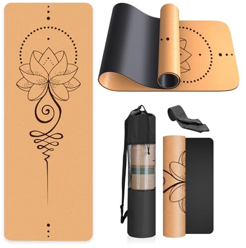 Tapis Yoga Liege Naturel 100% Tapis d'exercice Ecologique Haute Densité183X61X0.4Cm avec Sangle De Transport pour La Maison, Le Pilates,Le Gymnase Et L'Entraînement-Lotus 1